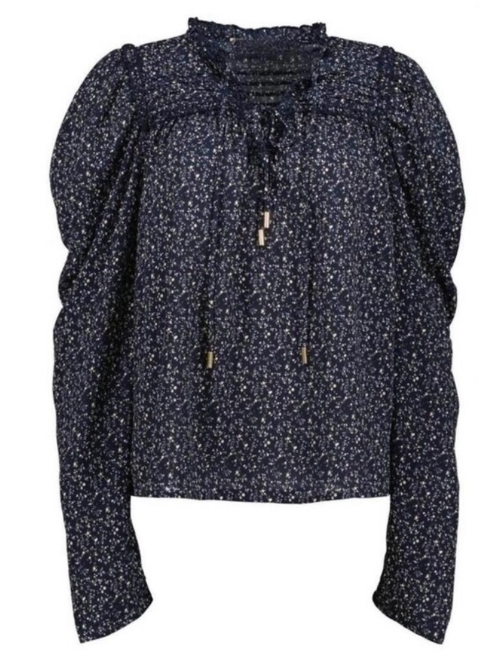 Bishop + Young Navy Blue Floral Pintuck Tie Front Ruffle Blouse Womens Large
